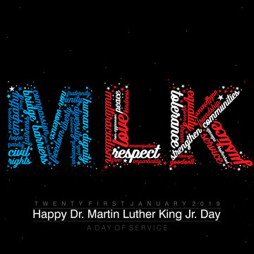 Typography design with words on the text MLK in American Flag colors on an isolated black background