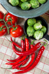 red chili peppers with Brussel sprouts
