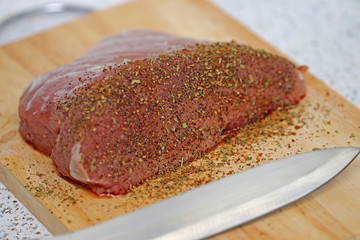 Meat for cooking and frying steaks with spices