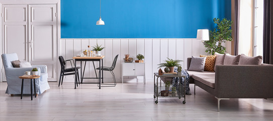 blue white room with lamp armchair and sofa.