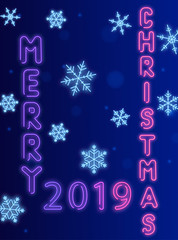 Merry Christmas 2019 shiny poster with neon luminous snowflakes.