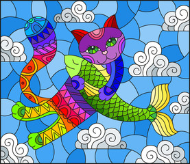 Stained glass illustration of a cartoon rainbow cat hugging a fish on the background of sky and clouds