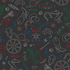 Seamless pattern on the theme of the wild West, contour icons, painted with colored chalks on the dark school Board