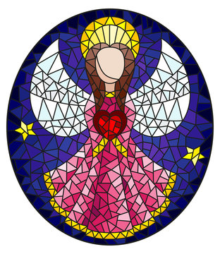Illustration in stained glass style with an abstract angel in pink robe with a heart , round picture