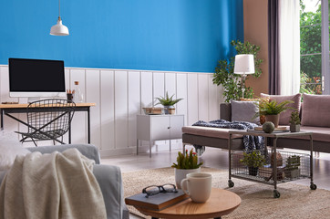 White and blue living room with sofa, armchair, lamp, working table with desktop.