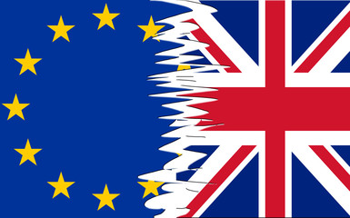 Torn off flags of the EU and UK union jack symbolise leaving the European Union in Brexit