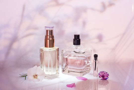 Different perfume bottles and sampler with plants on a pink floral background. Selective focus. Perfumery collection,