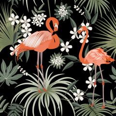 Seamless pattern of flamingo, leaves monstera. Tropical leaves of palm tree and flowers.