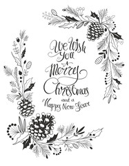 Floral Doodle Christmas Frame with Needles and Mistletoe Branches and Lettering