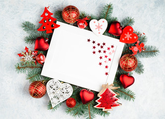 Fototapeta na wymiar Merry christmas and happy new year card with red decoration