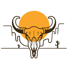 Wild West illustration with bull skull on American desert and sun
