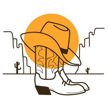 Wild West illustration with cowboy boots and western hat on American desert and sun