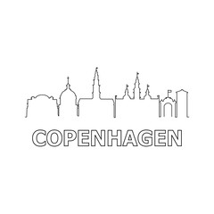Copenhagen skyline and landmarks silhouette black vector icon. Copenhagen panorama. Denmark