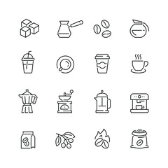 Coffee related icons: thin vector icon set, black and white kit