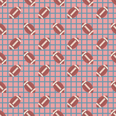 Cute american football vector pattern on checkered pastel background, seamless repeat. Trendy flat illustration style. Retro colored games & sports design element.