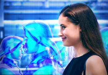 Sideview woman with transparency digital scan people for futuristic technology face detection