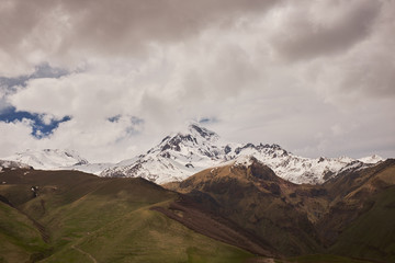 Autumn view of Kazbek mountain in Georgia.