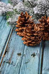 Christmas or New year festive background with pine cones