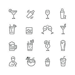 Alcohol related icons: thin vector icon set, black and white kit