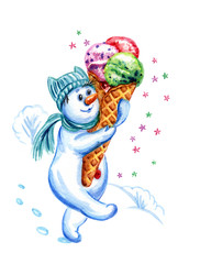 A snowman boy in a hat and scarf with ice cream, a postcard to the day of St. Valentine's New Year, Christmas, etc., watercolor painting on a white background isolated.