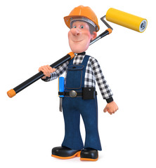 3d illustration Builder worker in overalls/3D illustration of funny engineer character engaged in repair