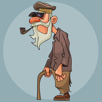 cartoon old man smoking a pipe and leaning on a cane