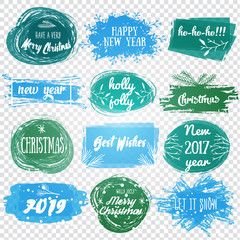 Labels with Christmas and New Years designs. Decorative tags and elements set for holiday lettering design .Vector illustrated Christmas stamp logo.
