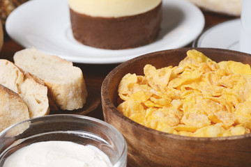Close up of toast, cake and cheese cream