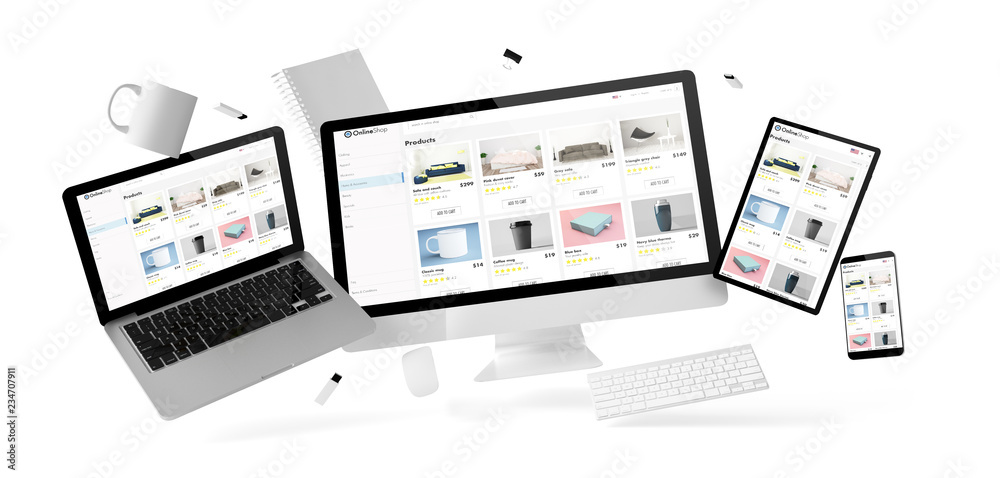 Canvas Prints office stuff and devices floating with online shop