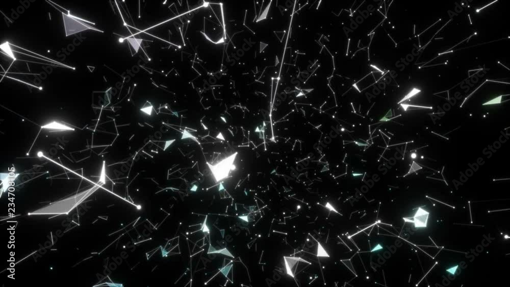 Poster rotation of the camera around the scattering particles.digital data points network . seamless loop.