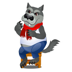 Animated gray wolf sitting on a wooden stool isolated on white background. Vector cartoon close-up illustration.