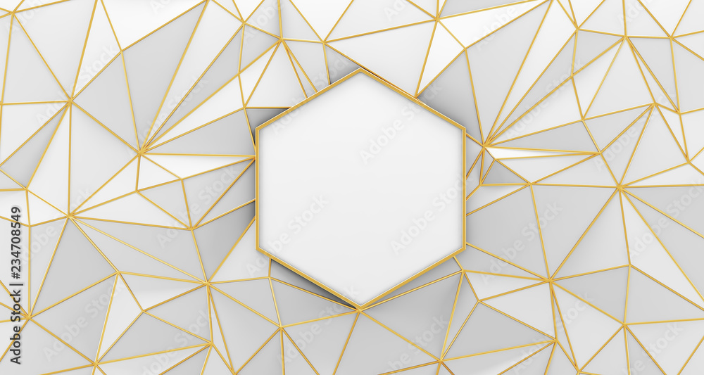 Wall mural white low poly background with golden edges. 3d rendering.