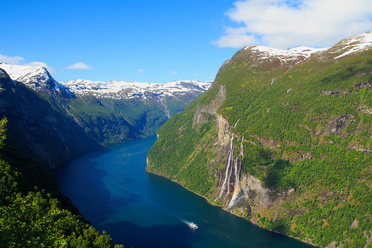 Geiranger Fjord, Ferry, Mountains. Beautiful Nature Norway