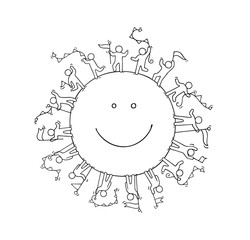 people with garlands and flags around the smile