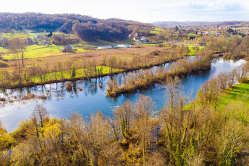 Fototapeta na wymiar Croatia, Mreznica river from air, panoramic view of Belavici village and waterfalls in autumn 