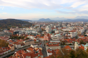 Obraz premium Aerial view of central Ljubljana, capital of Slovenia with picturesque architecture. 