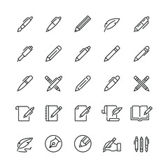 Pen and pencil related icons: thin vector icon set, black and white kit