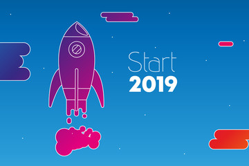 Grußkarte zum Start ins Neujahr 2019 mit Rakete durch Wolken und Sternenhimmel