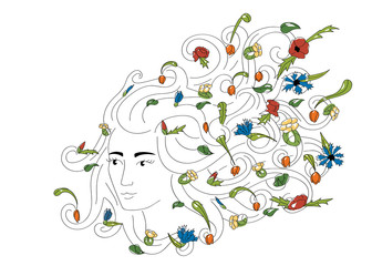 quarter front view of a young beautiful woman with flowers growing from her long hair