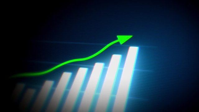 4k Business Growth And Success Arrow Infographics/ Animation of a business infographics with rising arrow and bar stats appearing, symbolizing growth and success, with glitch and noise digital effects
