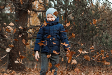 Fototapeta premium A pile of autumn, yellow foliage, a child, a boy playing with foliage in a park, throws up leaves. Concept autumn, yellow leaves, autumn mood. Copy space.