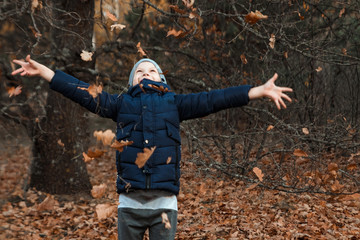 Naklejka premium A pile of autumn, yellow foliage, a child, a boy playing with foliage in a park, throws up leaves. Concept autumn, yellow leaves, autumn mood. Copy space.