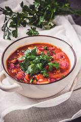 Goulash soup with potatoes and salami