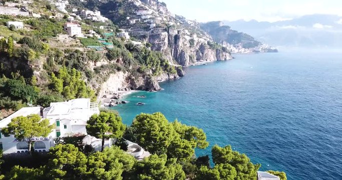 Amalfi, Amalfi Coast, Salerno, Italy. Aerial view of the coastline, sea and mountains