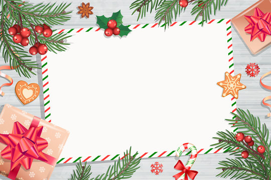 Template of Christmas Letters and wishes on wooden background with traditional decorations-gift box with bow,candy cane,spruce branch and gingerbread.Wish List for kids for the holidays.Vector.