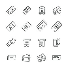 Tickets related icons: thin vector icon set, black and white kit