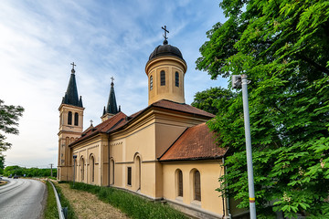 Naklejka premium Petrovaradin, Serbia - May 02, 2018: Church of the Snow Lady on Tekija, Serbia. The church is a typical Roman Catholic church. 