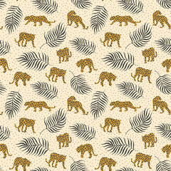 Cute leopard silhouettes pattern on textured background with leafs & spots. Endless vector repeat. Simple clean style.