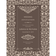 Wedding invitation cards  baroque style brown and beige. Vintage  Pattern. Retro Victorian ornament. Frame with flowers elements. Vector illustration.