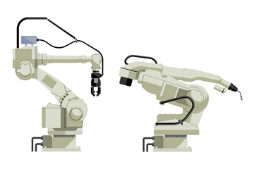 Set of assembly handling and welding robots isolated on white background. Vector illustration EPS 10.
